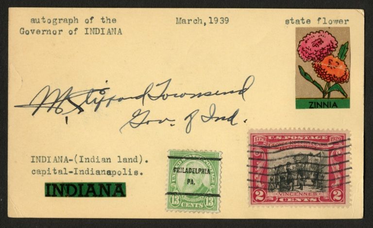 Maurice Clifford Townsend d1954 signed autograph Governor Indiana Post Card