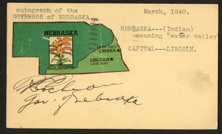 Robert Leroy Cochran d1963 signed autograph Governor of Nebraska Post Card