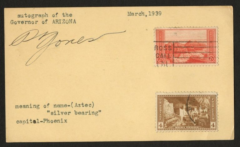 Robert Taylor Jones d1958 signed autograph Governor Arizona Post Card