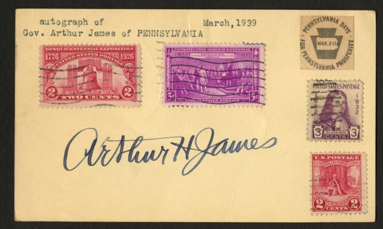 Arthur Horace James d1973 signed autograph Governor of Pennsylvania Post Card