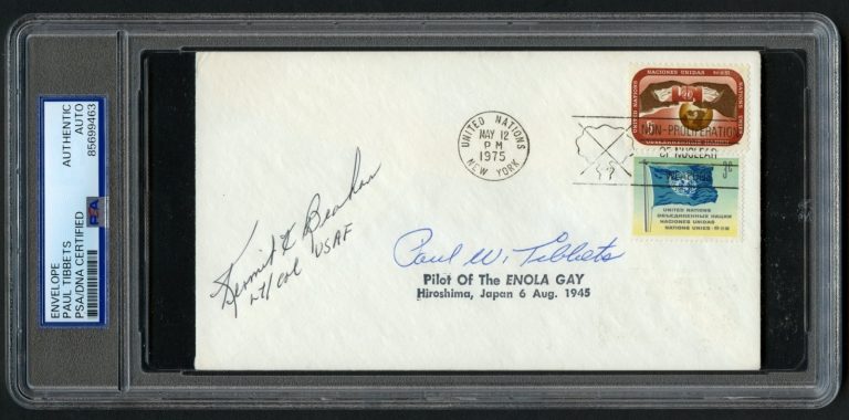 Paul Tibbets & Kermit Beahan signed autograph Postal Cover WWII PSA Slabbed