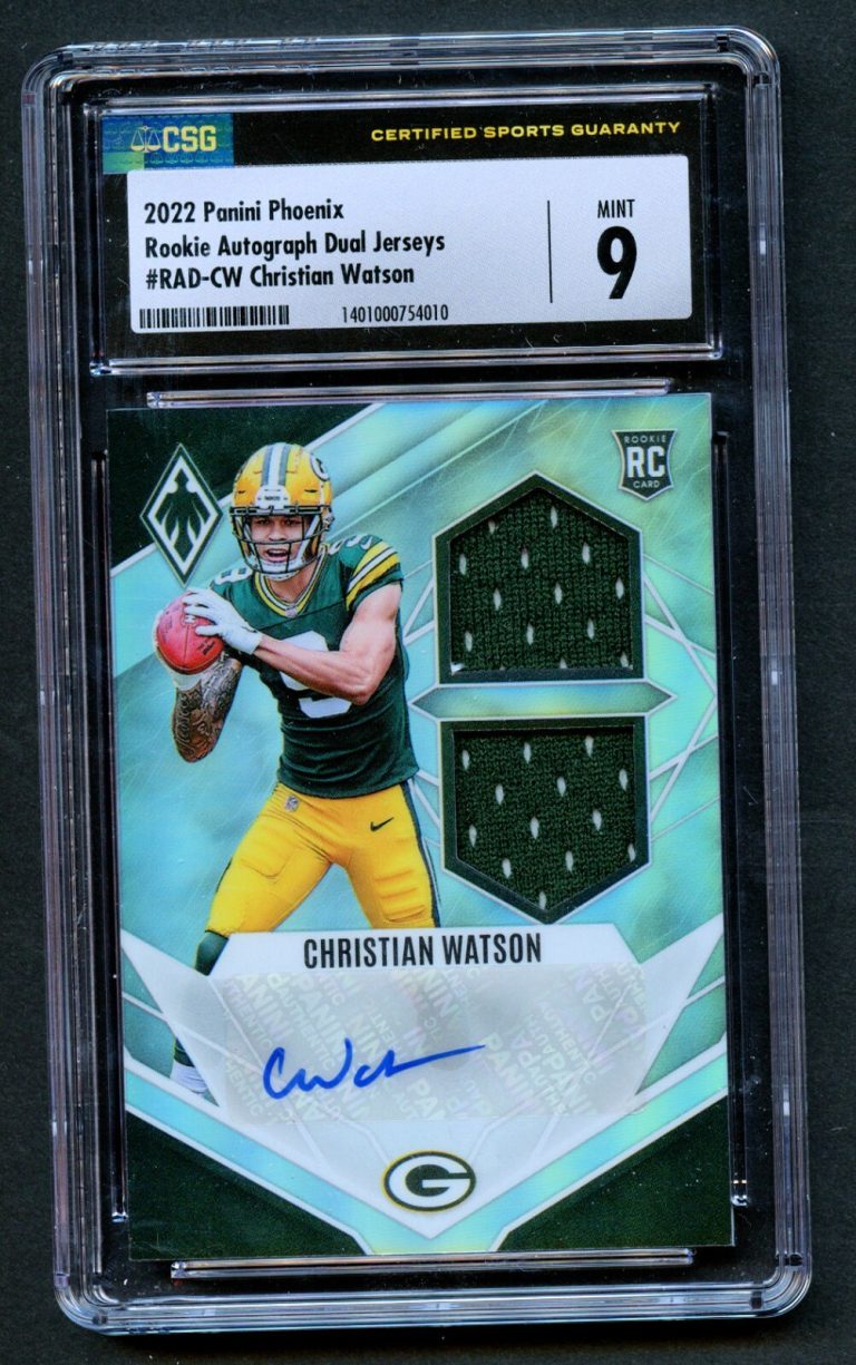 Christian Watson 2022 Panini Phoenix Rookie Autograph Dual Jersey 101/149 CSG 9