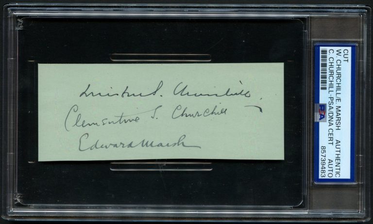 Winston & Clementine Churchill + Edward Marsh signed autograph 2x5 cut PSA Slab