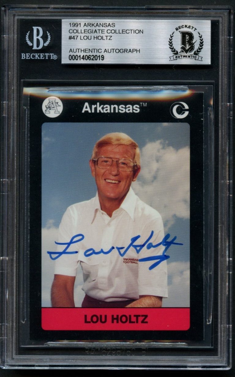 Lou Holtz #47 signed autograph 1991 Arkansas Collegiate Collection BAS Slabbed