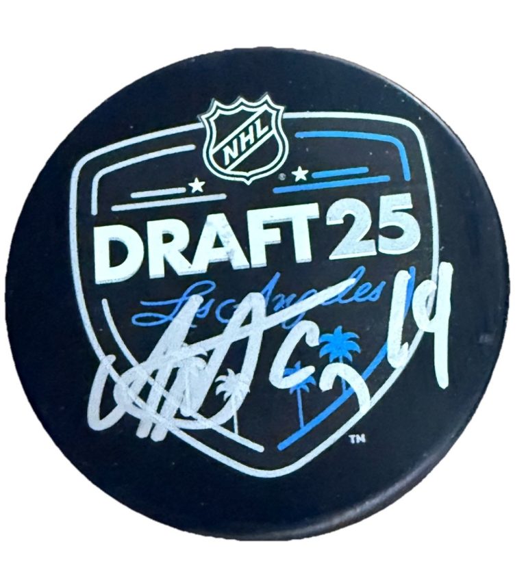 ANTON FRONDELL sgined (2025 DRAFT) CHICAGO BLACKHAWKS puck BECKETT BT78250