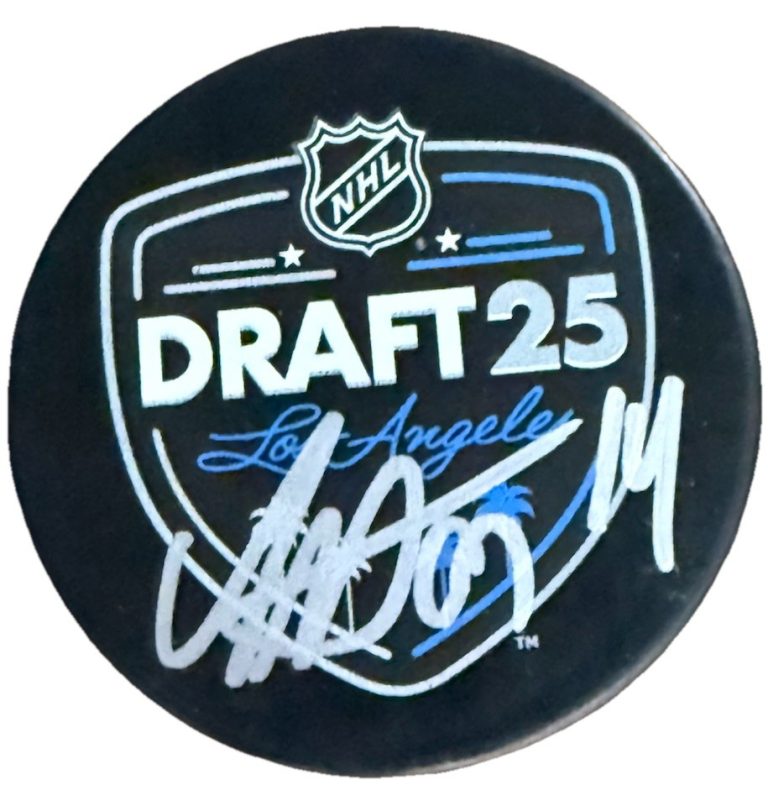 ANTON FRONDELL sgined (2025 DRAFT) CHICAGO BLACKHAWKS puck BECKETT BT78254