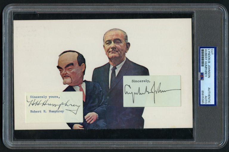 Lyndon B. Johnson & Hubert Humprey signed 5x8 Custom Cut USA Pres & VP PSA Slab