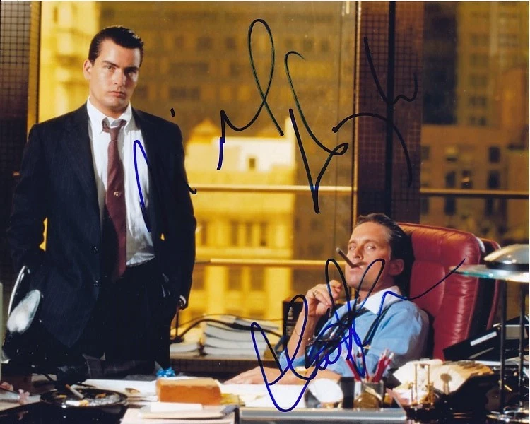 MICHAEL DOUGLAS and CHARLIE SHEEN signed 8x10 WALL STREET NEVER SLEEPS photo