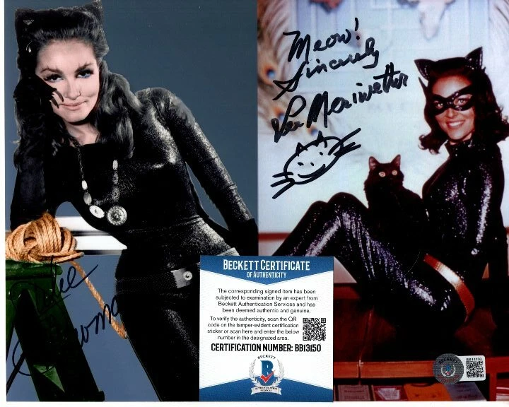 JULIE NEWMAR and LEE MERIWETHER signed 8x10 BATMAN CATWOMAN photo Beckett BAS