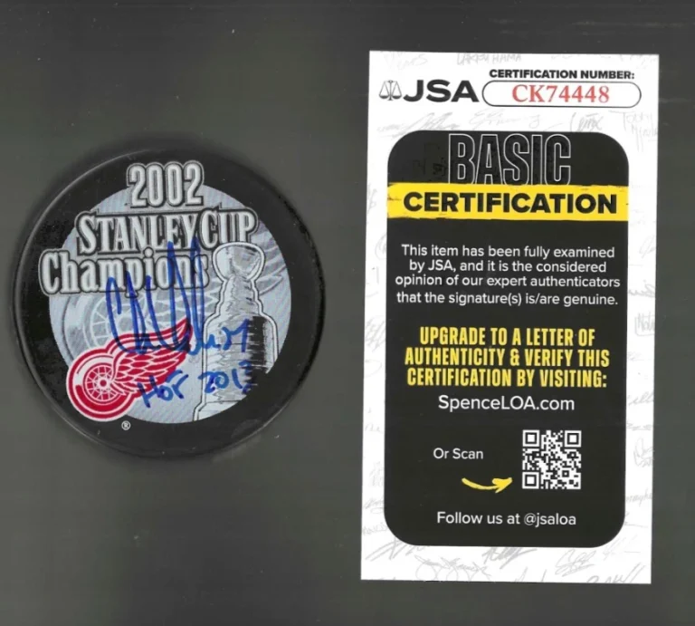 Chris Chelios Signed Detroit Red Wings 2002 Stanley Cup Champions Puck JSA COA