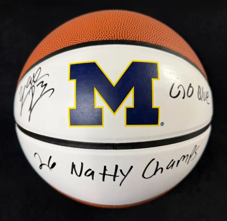 Yaxel Lendeborg Signed Multi-Inscribed Michigan Wolverines M Logo Basketball JSA