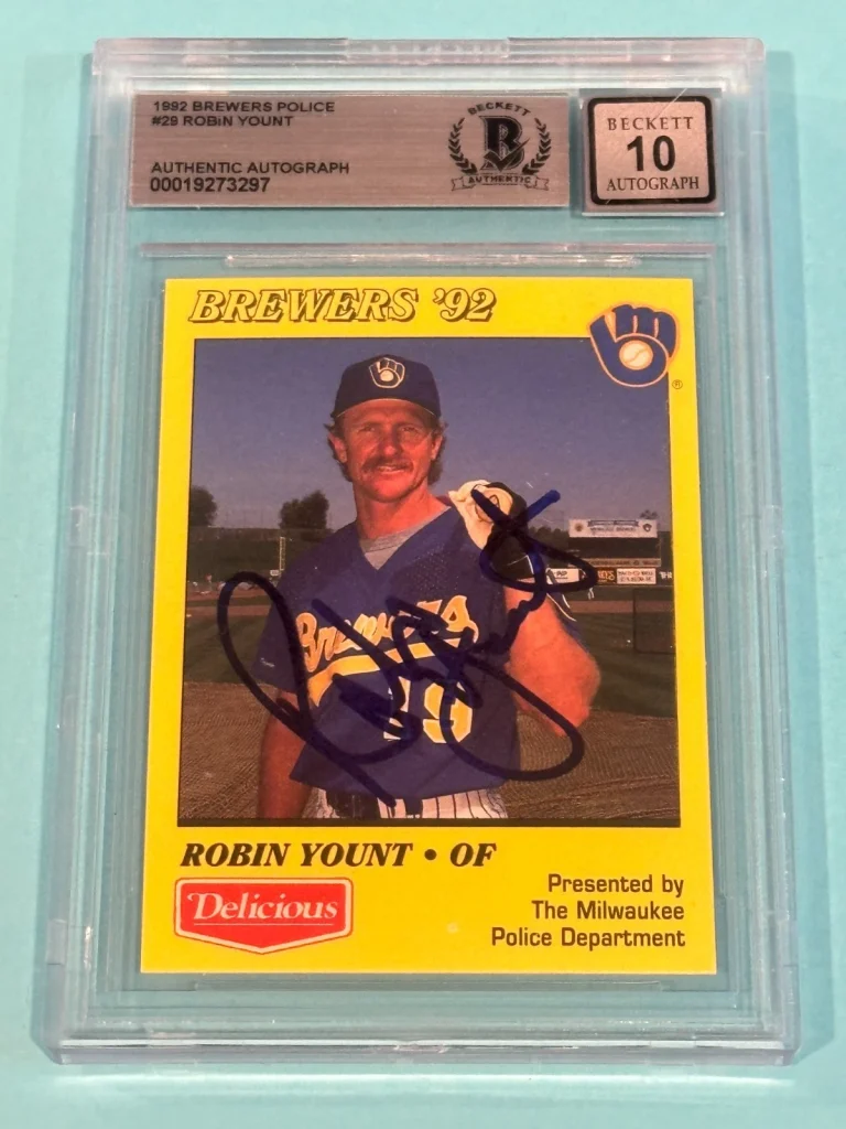 ROBIN YOUNT Signed 1992 BREWERS POLICE Card #29 Beckett (BAS) AUTO 10