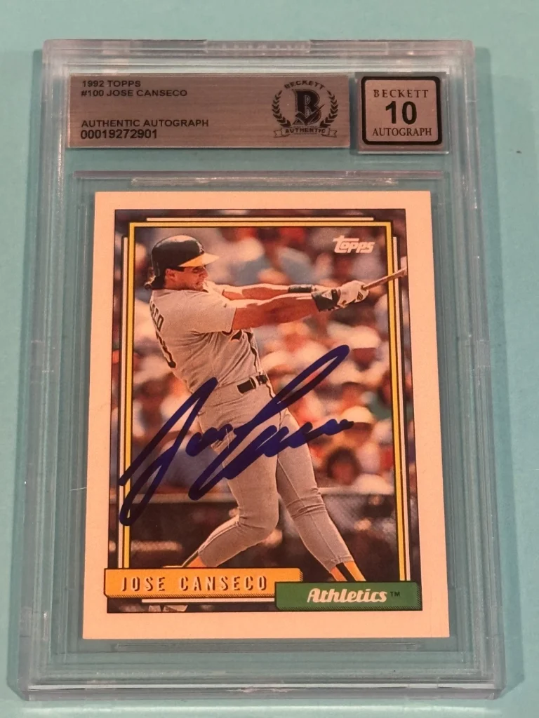 JOSE CANSECO Signed 1992 TOPPS Card #100 Beckett (BAS) AUTO 10