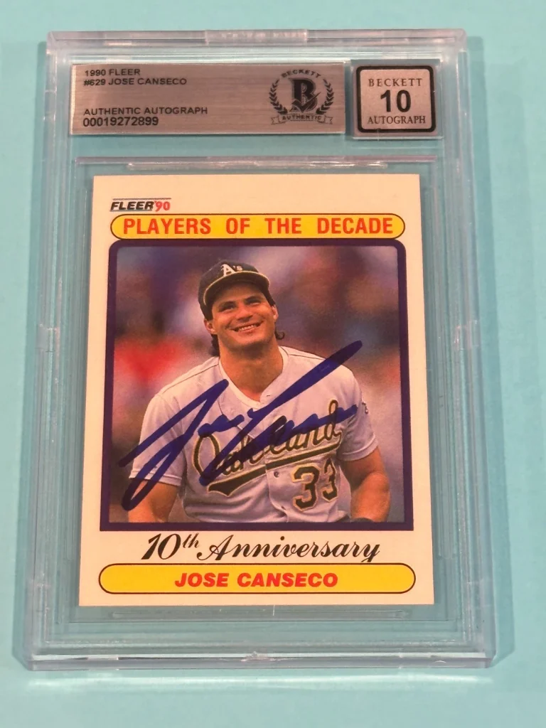 JOSE CANSECO Signed 1990 FLEER Card #629 Beckett (BAS) AUTO 10