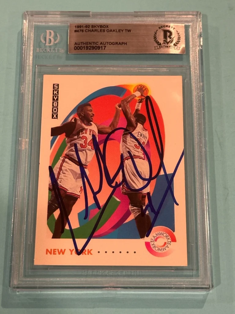 CHARLES OAKLEY Signed 1991-92 SKYBOX Card #476 Beckett (BAS)