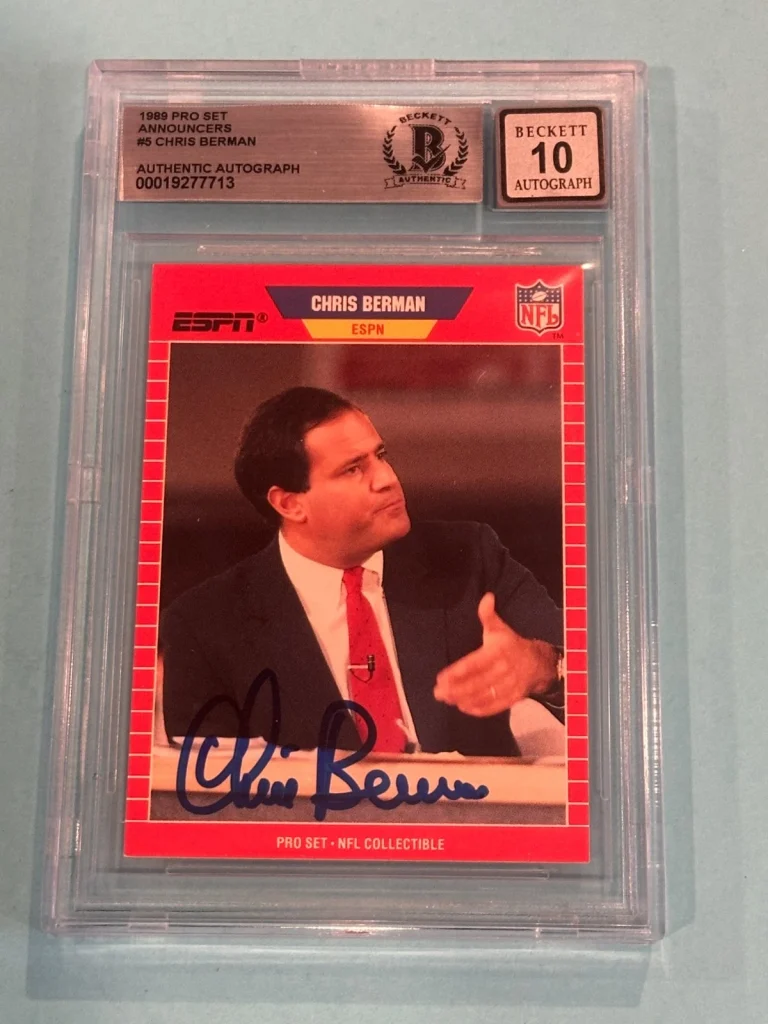 CHRIS BERMAN Signed 1989 PRO SET ANNOUNCERS Card #5 Beckett BAS AUTO 10