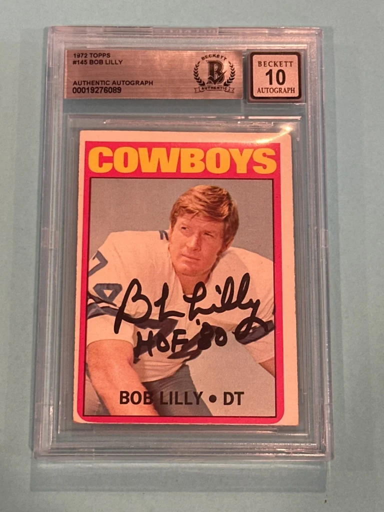 BOB LILLY Signed 1972 TOPPS Card #145 Beckett BAS AUTO 10 w/ HOF Inscription