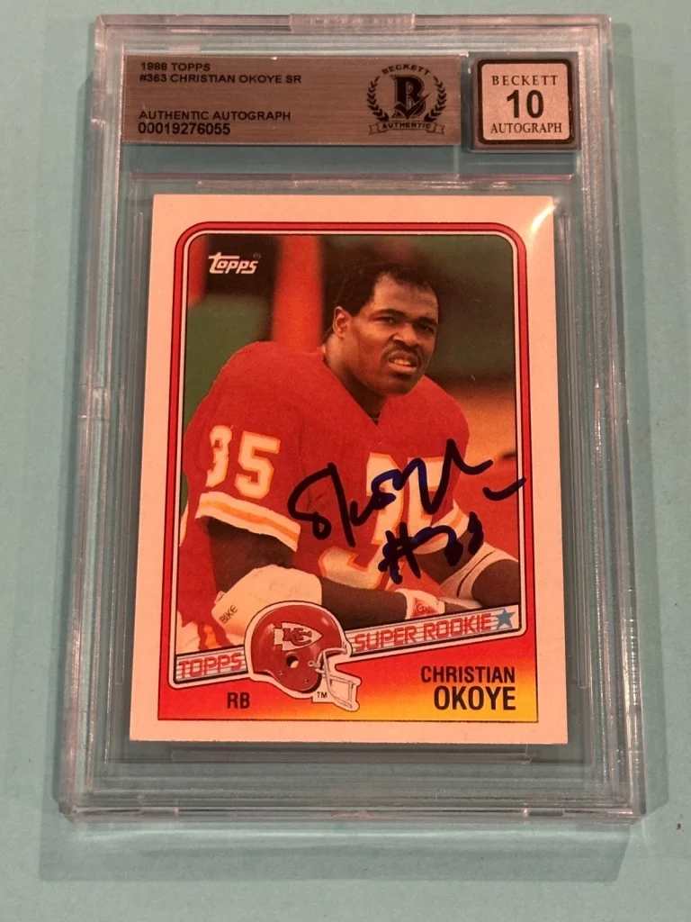 CHRISTIAN OKOYE Signed 1988 TOPPS ROOKIE Card #363 Beckett BAS AUTO 10
