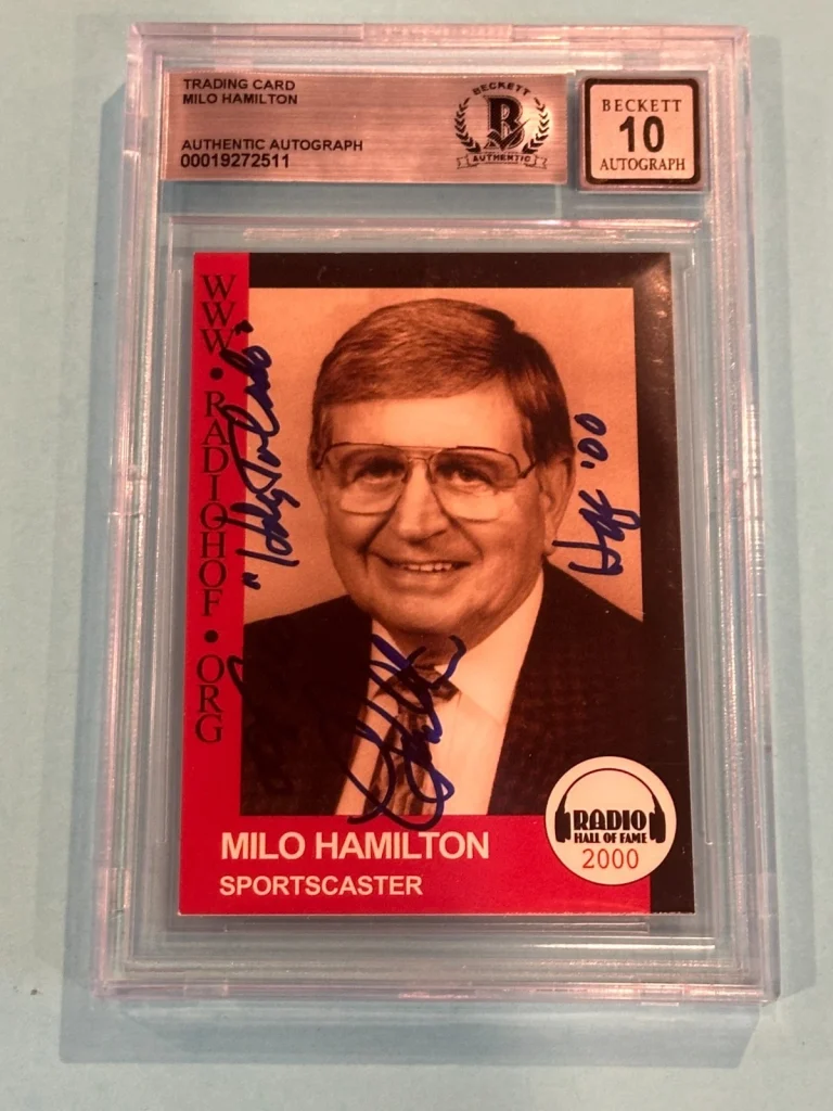 MILO HAMILTON Signed TRADING Card Beckett (BAS) AUTO 10 w/ Inscriptions