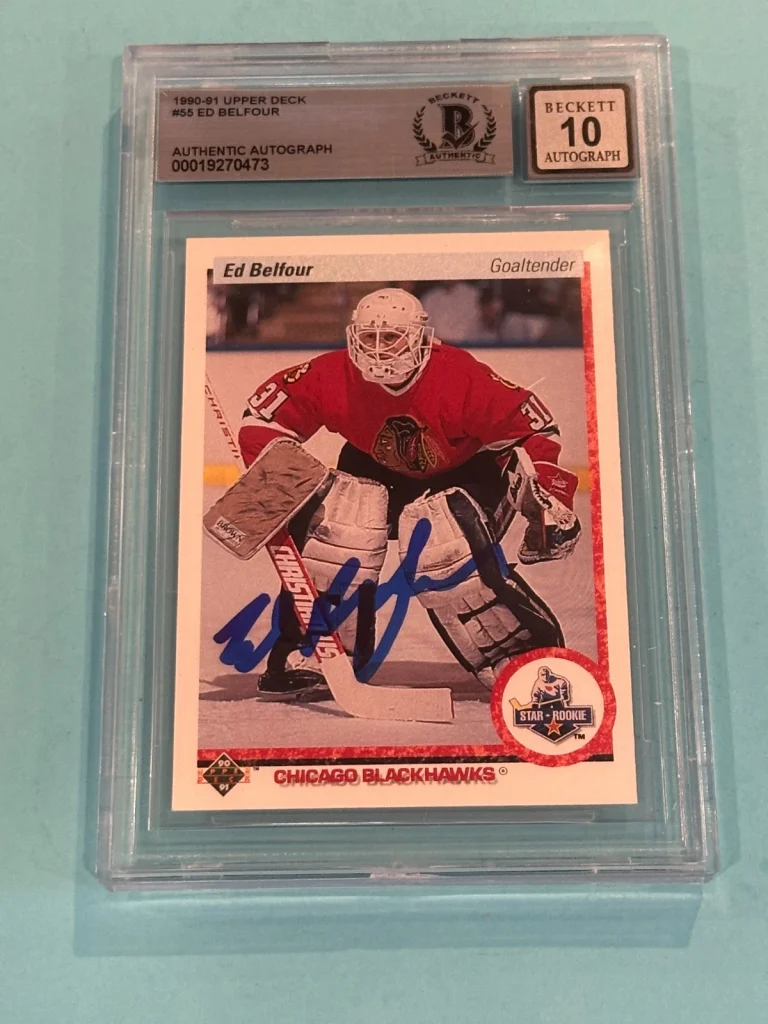 ED BELFOUR Signed 1990-91 UPPER DECK Card #55 Beckett BAS AUTO 10