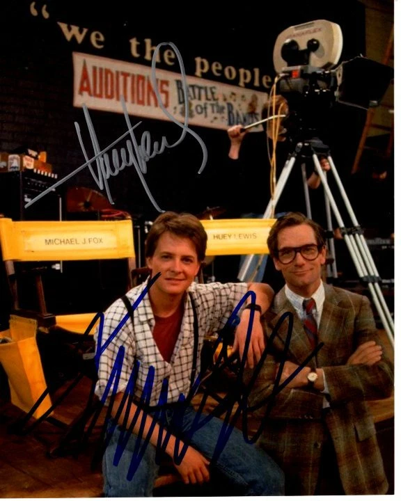 MICHAEL J. FOX and HUEY LEWIS signed 8x10 BACK TO THE FUTURE photo