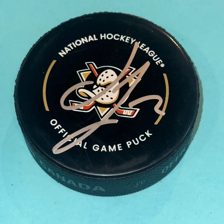 JACKSON LaCOMBE Signed Anaheim DUCKS Official GAME Puck Beckett (BAS)