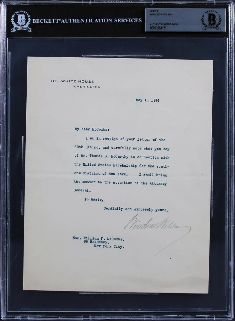 Woodrow Wilson Signed 7x8.75 1914 Letter On White House Letterhead BAS Slab