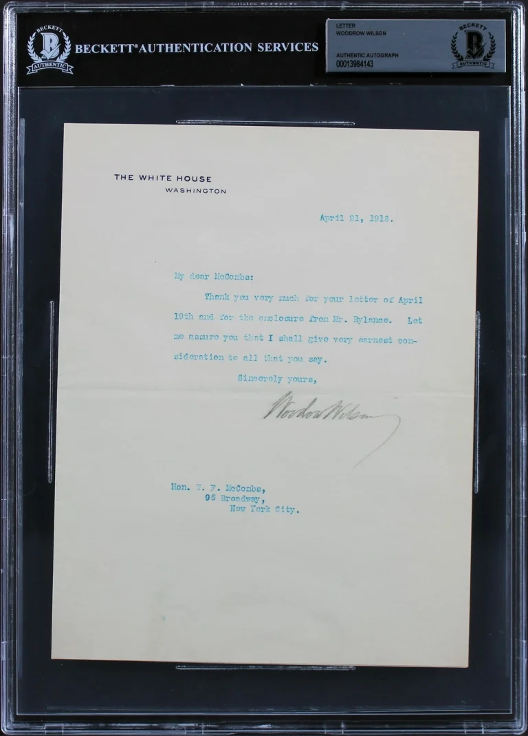 Woodrow Wilson Signed 7x8.75 1913 Letter On White House Letterhead BAS Slab