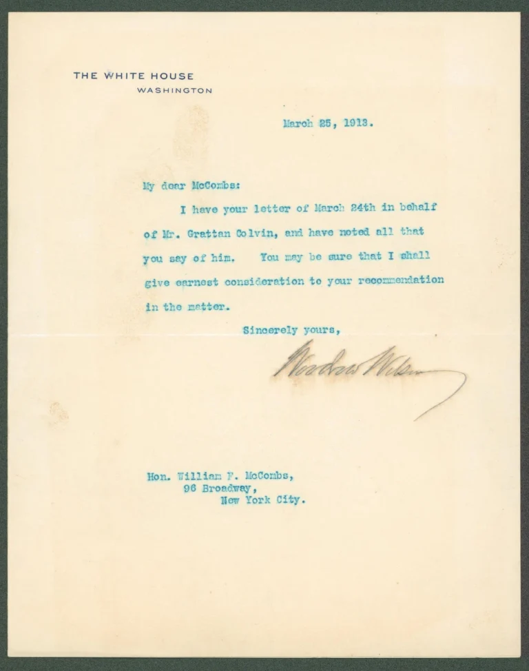 Woodrow Wilson Signed 7x8.8 1913 Letter On White House Letterhead BAS #AB14532