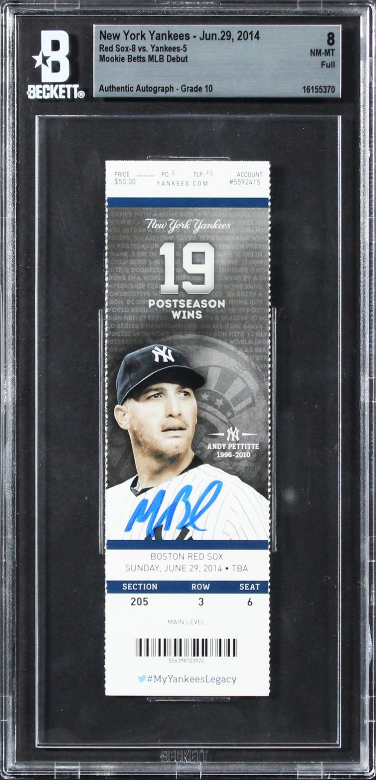 Red Sox Mookie Betts Signed 6/29/14 MLB Debut Ticket NM-MT 8 Auto 10 BAS Slabbed