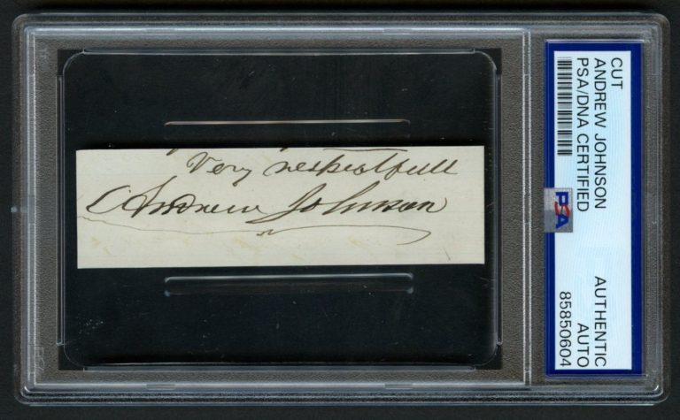 Andrew Johnson d1875 signed autograph 1x3 Cut US 17th President PSA Slabbed