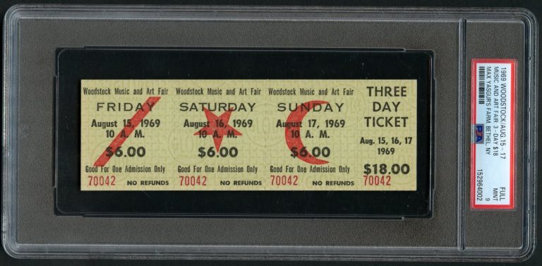 Woodstock Advance 3 Day $6.00 / $18.00 Ticket August 15-17 1969 Grade 9 Mint PSA