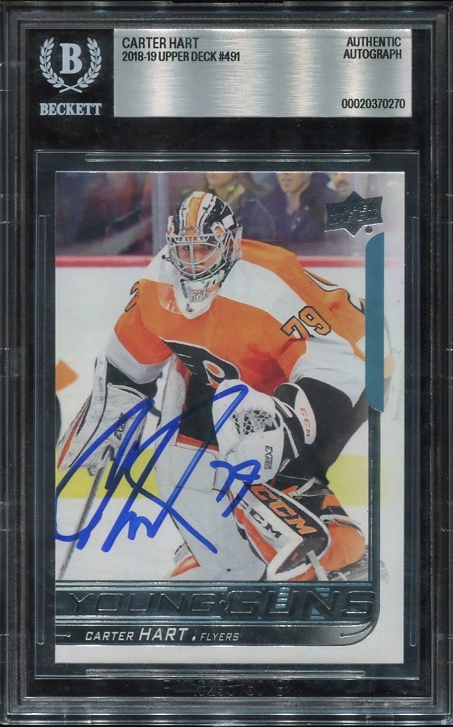 CARTER HART signed autographed 2018 UD YOUNG GUNS ROOKIE CARD RC YG BECKETT BAS