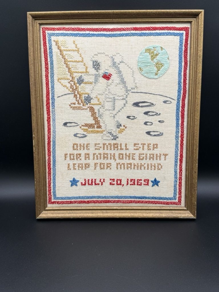 1969 Vtg Cross-stitch Moon Landing One Small Step for Mankind Completed & Framed
