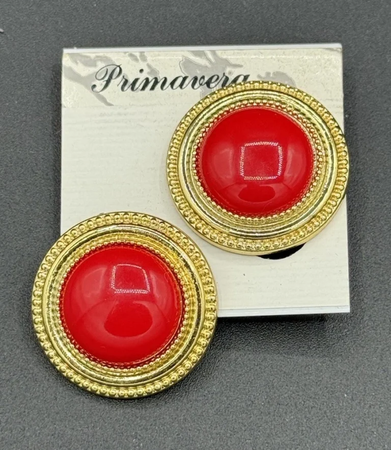 VINTAGE PRIMAVERA LARGE RED ACRYLIC CABOCHON GOLDEN MODERN STYLE EARRINGS