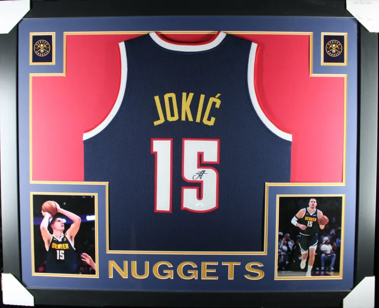 Nikola Jokic Autographed Pro Style Sz XL Blue Framed Jersey 35x43 JSA 57300