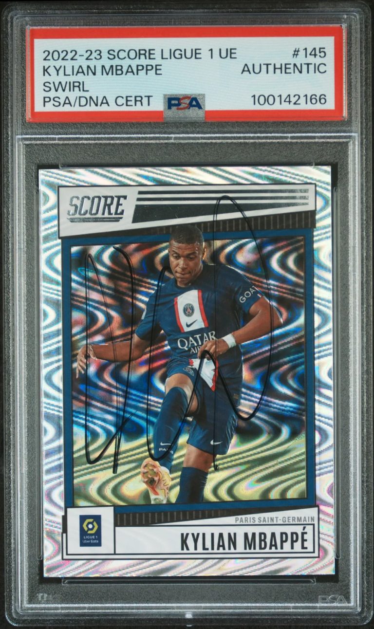 2022 Score Ligue 1 UE Swirl#145 Kylian Mbappe Signed Card PSA A Auto A