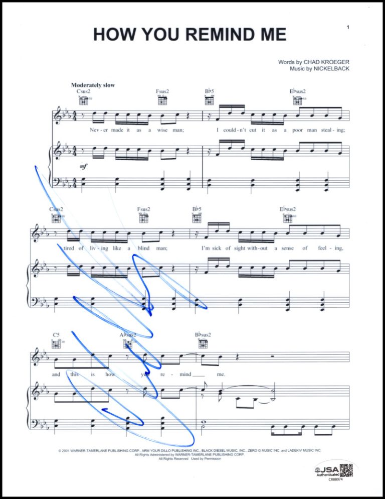 Chad Kroeger Nickelback Signed Autograph How You Remind Me Sheet Music - JSA COA