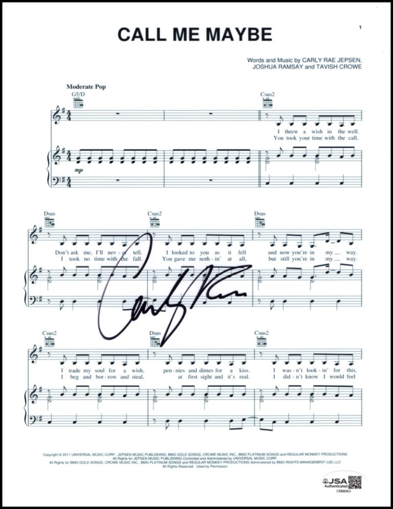 Carly Rae Jepsen Signed Autograph Call Me Maybe Sheet Music w/ JSA COA