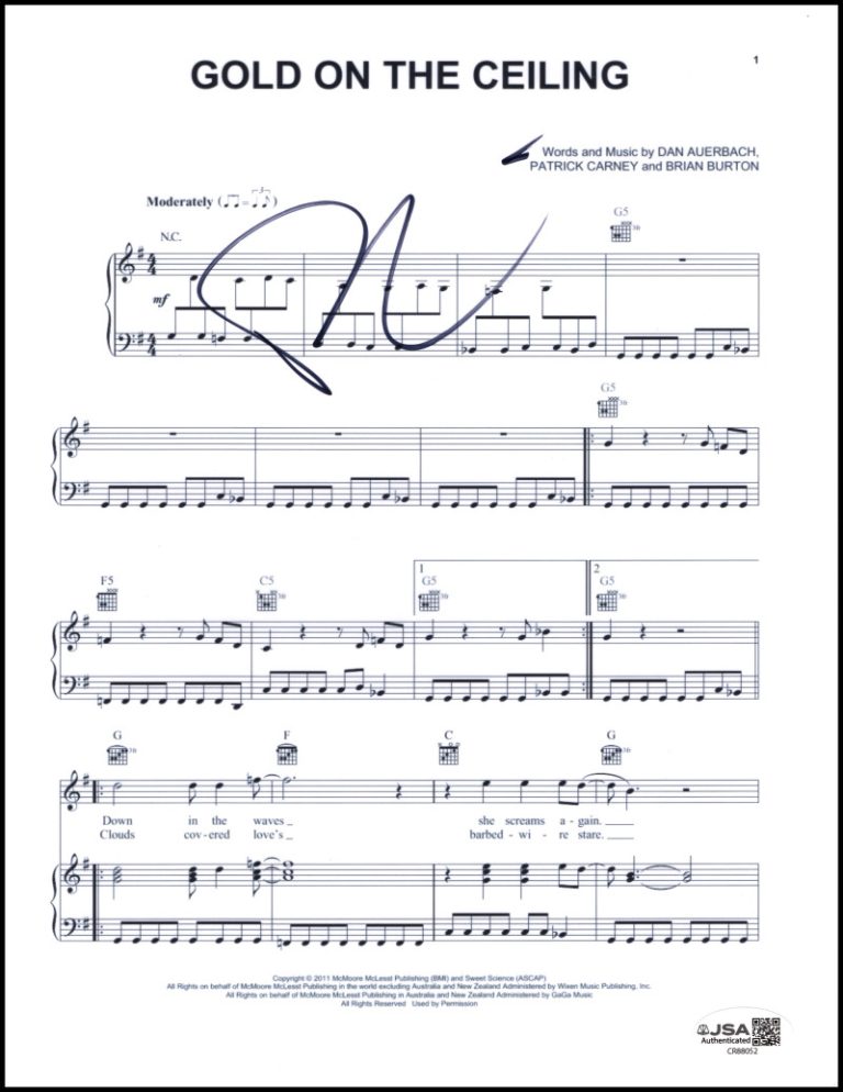Dan Auerbach The Black Keys Signed Autograph Gold on the Ceiling Sheet Music JSA