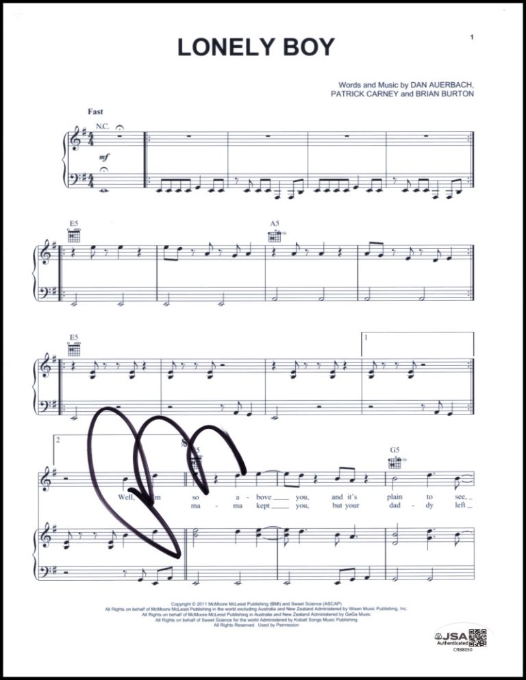 Patrick Carney The Black Keys Signed Autograph Lonely Boy Sheet Music - JSA COA