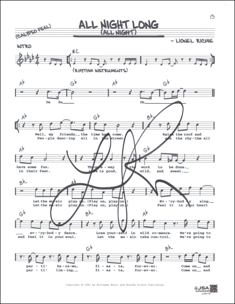 Lionel Richie Signed Autograph All Night Long Sheet Music Can't Slow Down w/ COA