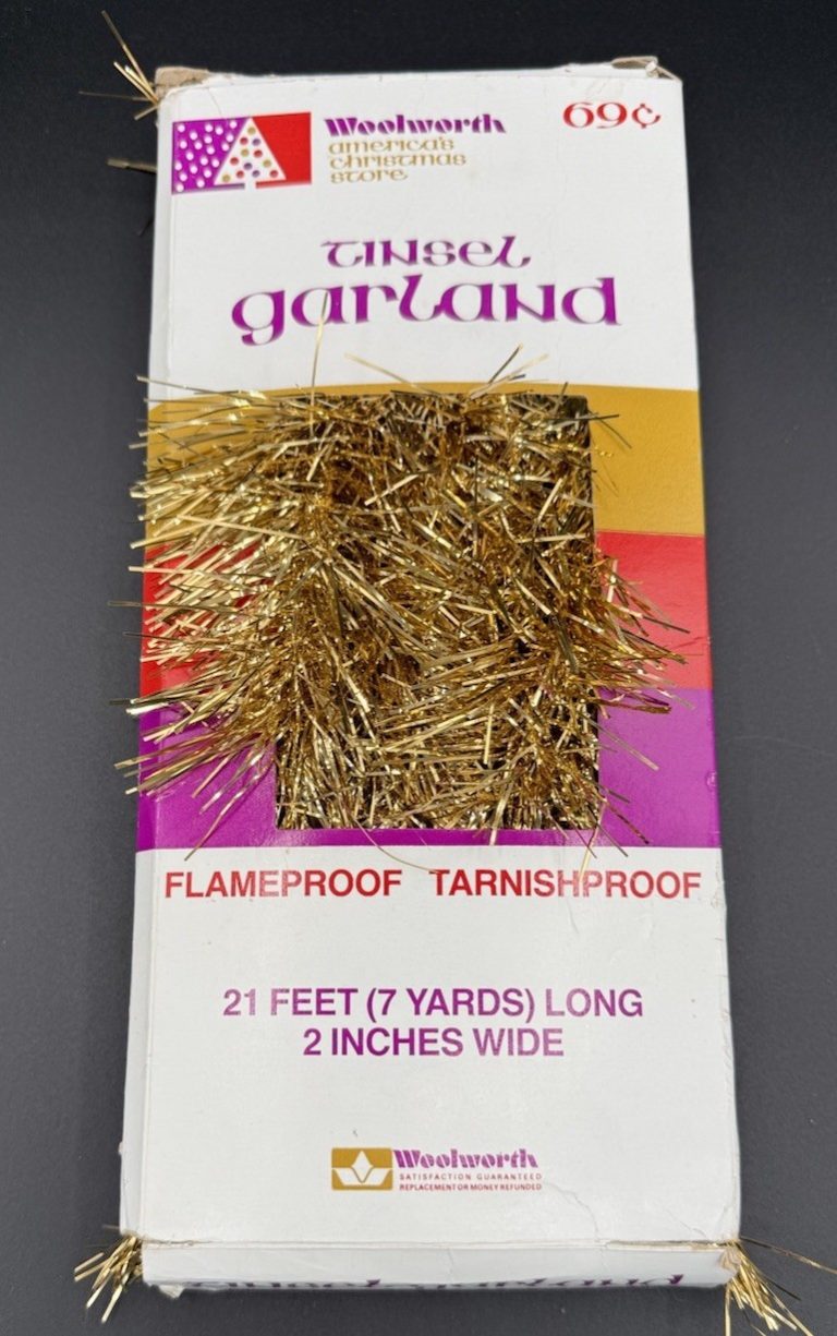 Vtg Woolworth's Tinsel Garland Gold Christmas In Box Unused 21 Tarnish Proof