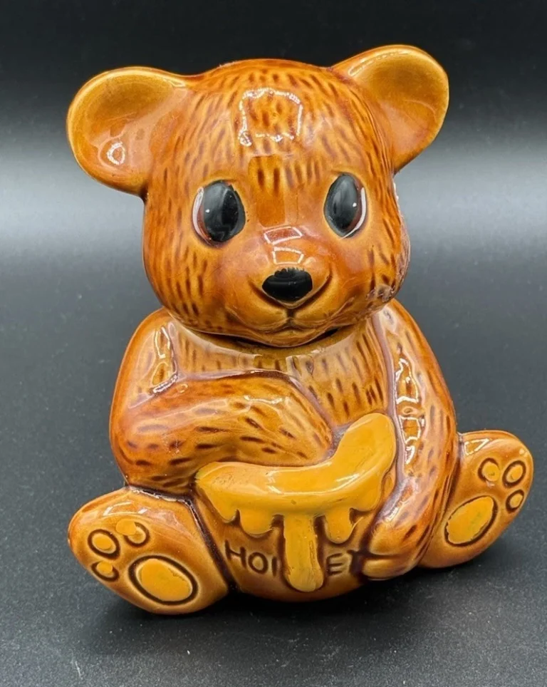 Vintage Ceramic Teddy Bear Honey Pot Jar With Honey Dipper