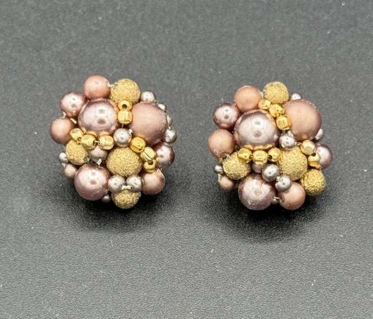 Vintage Brown Beaded Cluster Earrings Clip On Marked Japan Mid Century Jewelry