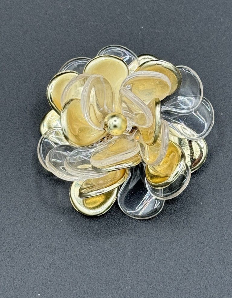Vintage Gold And Clear Flower Plastic Fashion Brooch Pin