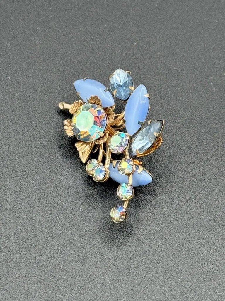 Vintage Floral Spray Brooch Blue Cabochon Stones And Rhinestones