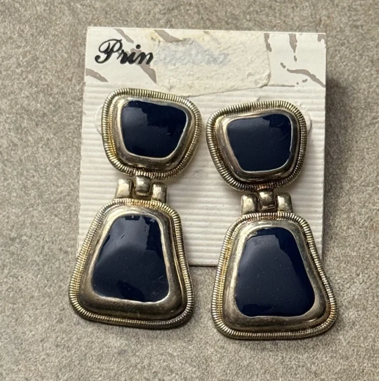 Vintage Primavera Enamel Double Trapezoid Drop Pierced Earrings Navy Blue