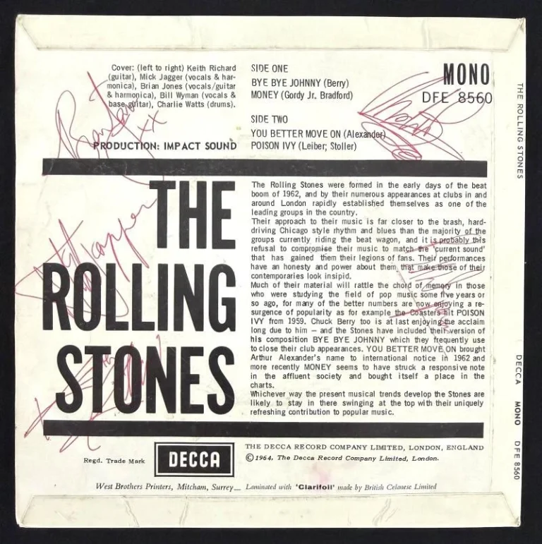 Rolling Stones Full Band Signed Autograph 45 RPM Record - Brian Jones +4 JSA COA