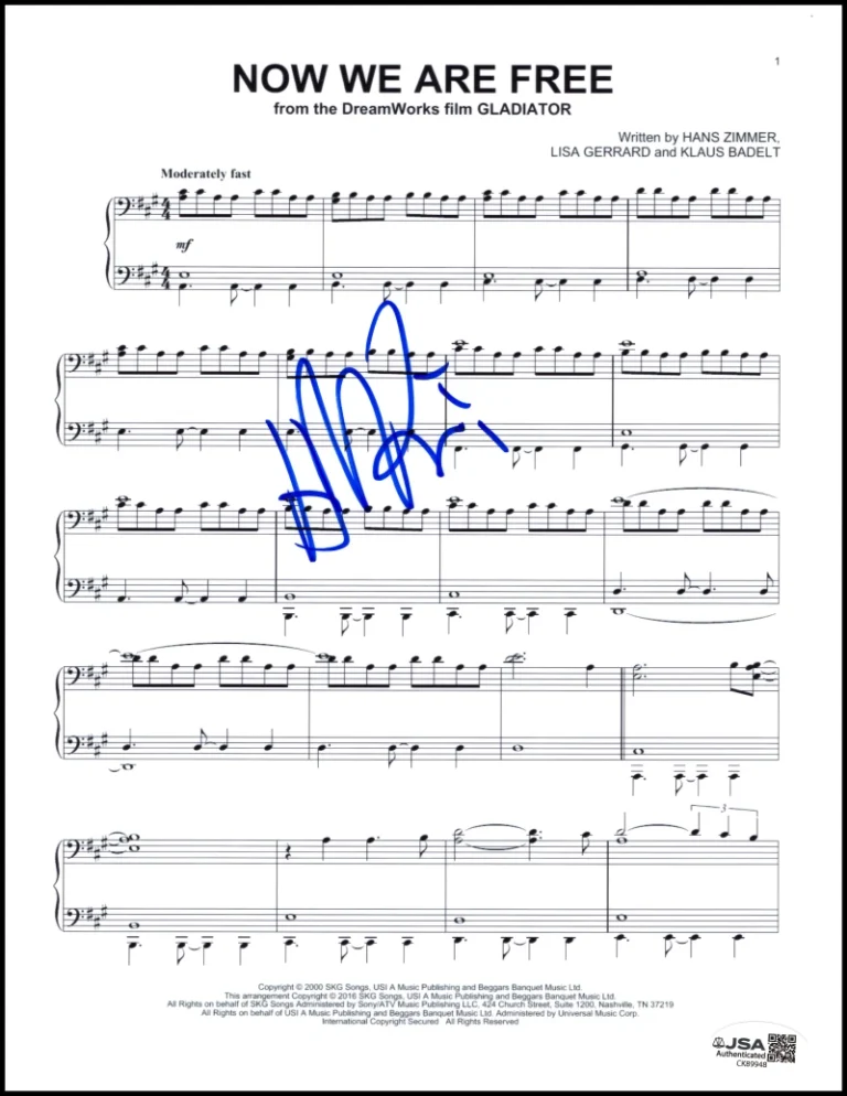 Hans Zimmer Signed Autograph Now We Are Free Sheet Music from Gladiator JSA COA